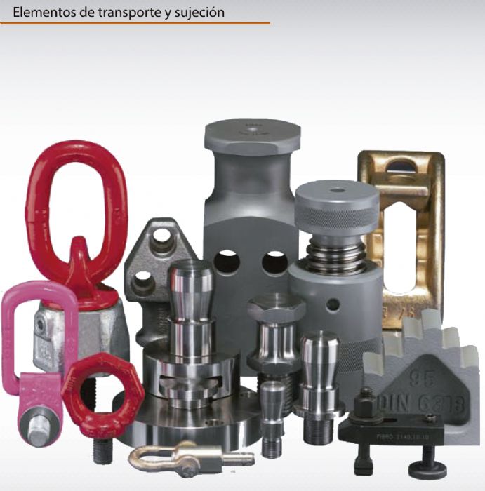Elementos de transporte y sujeción; Bridas, soportes de usillo, soportes escalonados, tuercas hexagonales, tornillos de ajuste.  Lifting and Clamping Devices  FIBRO